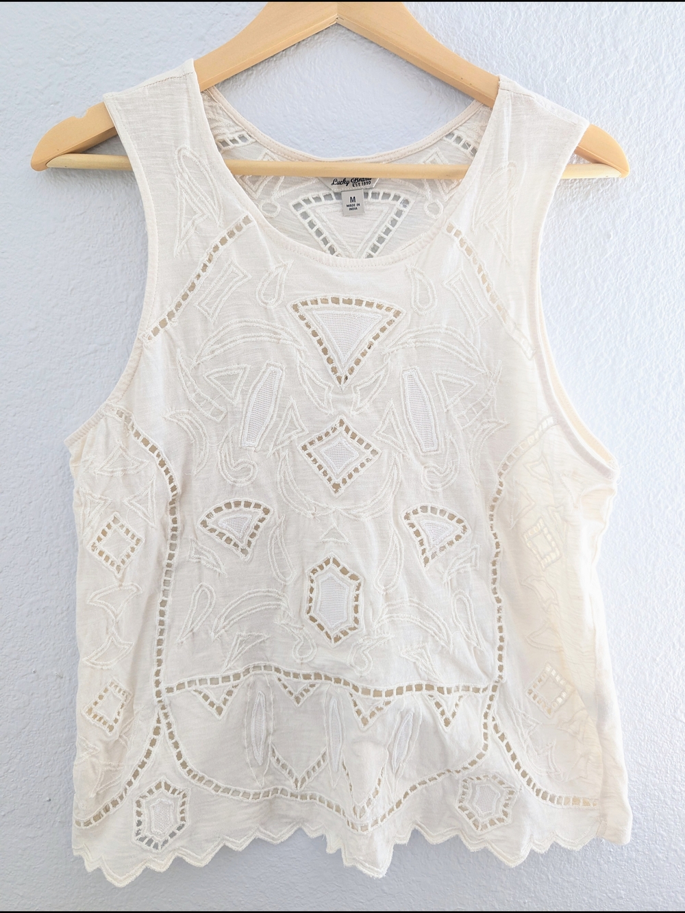 Lucky Brand Embroidered Cream Sleeveless Tank Top Medium